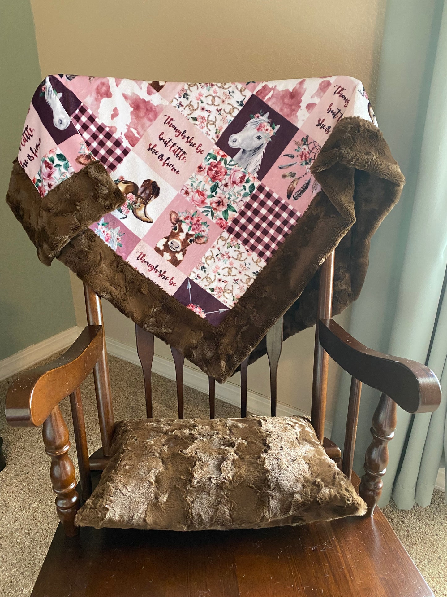 Cowgirl Cuddle Rosewater Brown Hide Minky Baby Blanket - Charming Baby Essential - 37x45