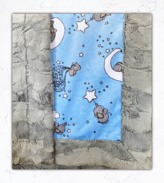 Sweet Melody Blue Elephant on Silver Hide Minky Baby Blanket - 30x41