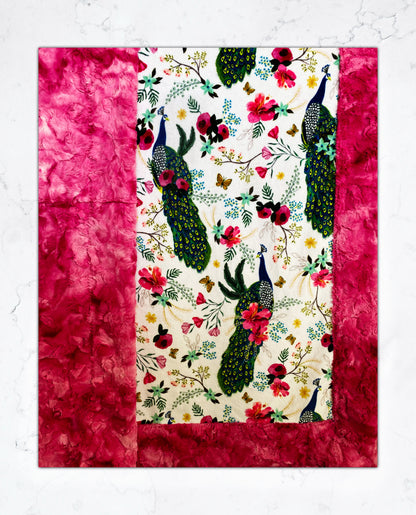 Plume Peacock Floral Fuchsia Marble Adult Large Minky Blanket - 55x79