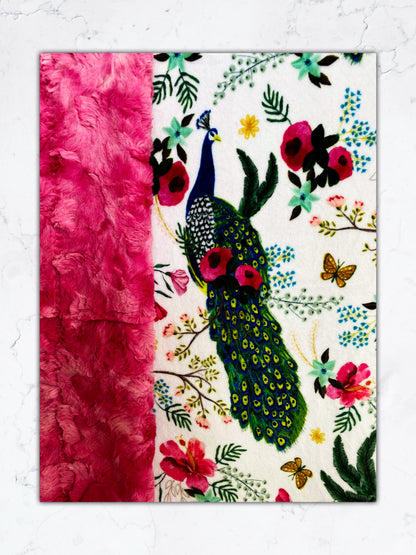 Plume Peacock Floral Fuchsia Marble Adult Large Minky Blanket - 55x79