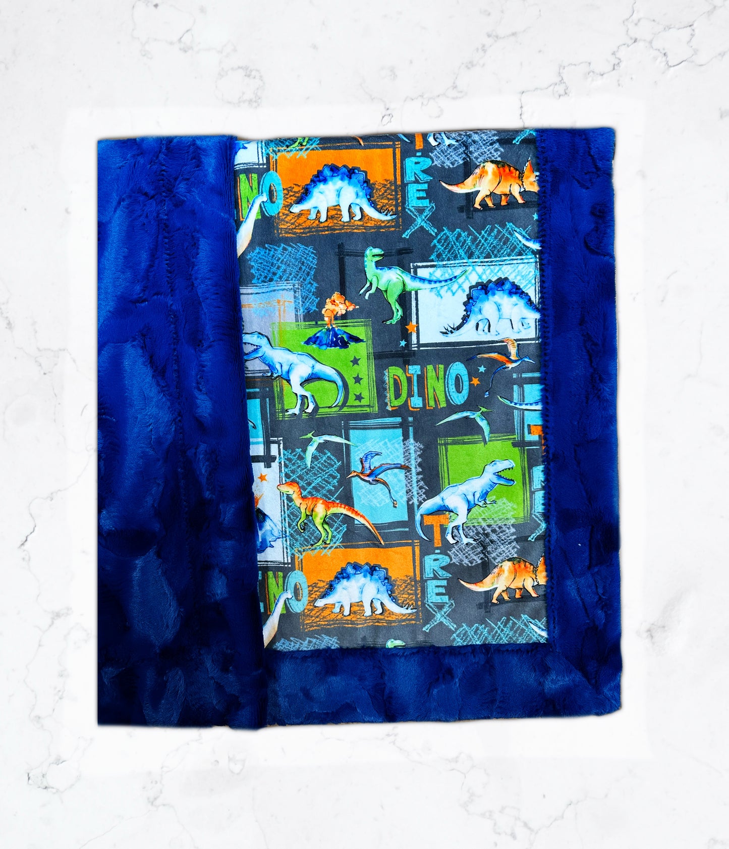 T-Rex Graphite on Royal Blue Hide Minky Toddler Blanket - Handcrafted Excellence - 45x55