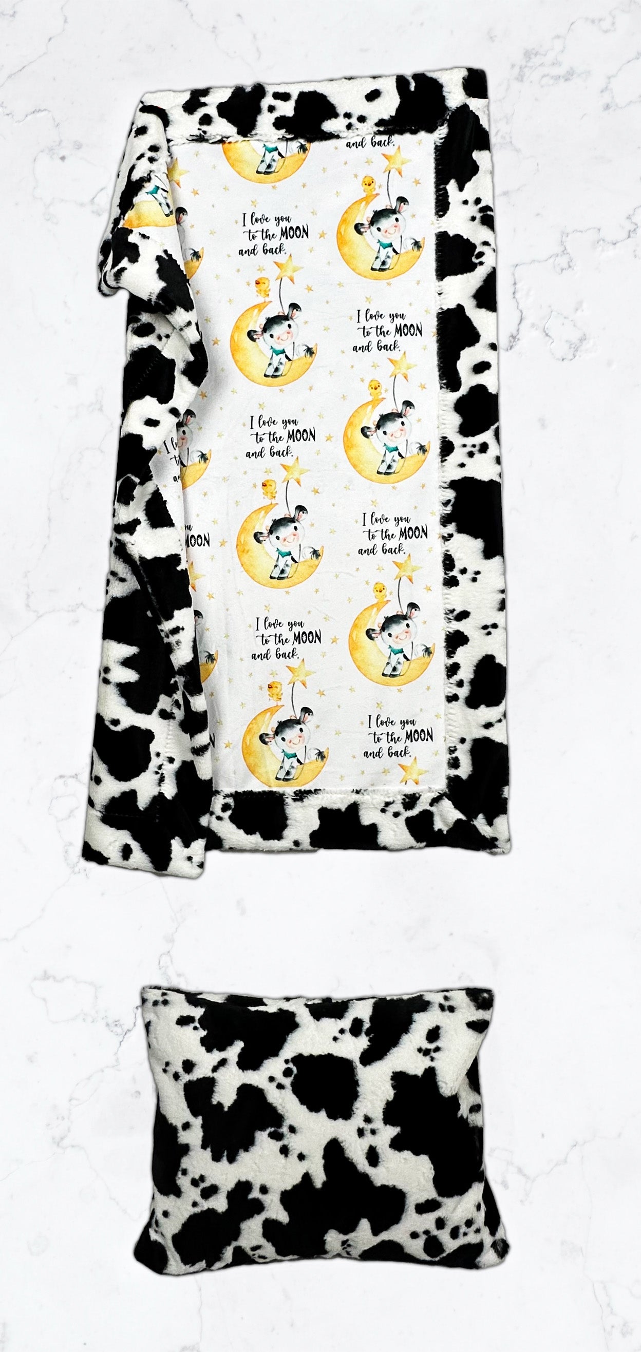 Love You to The Moon and Back on Cow Luxe Cuddle Baby Blanket 30x42 with 12x20 Pillowcase