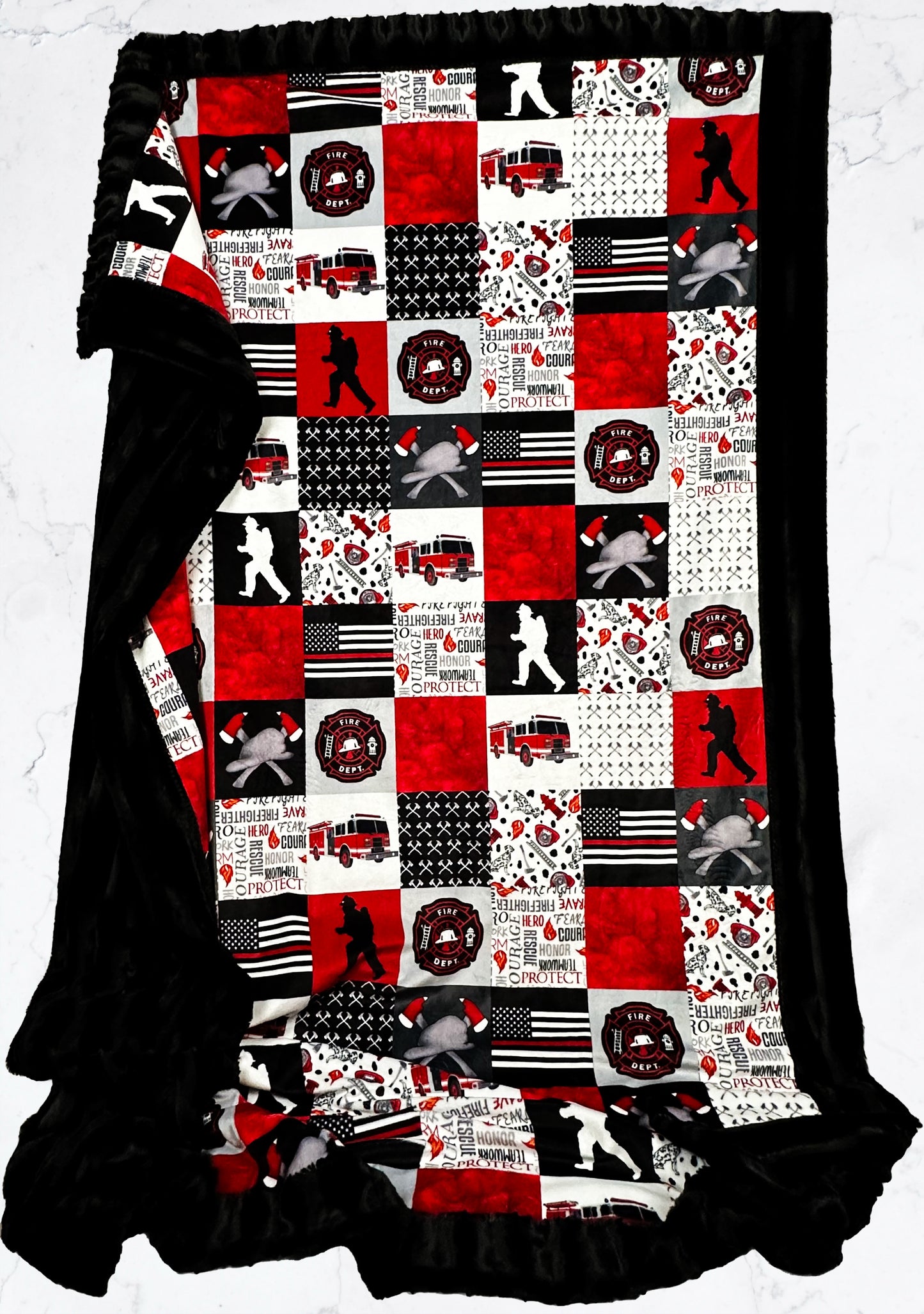 Firefighter on Black Chinchilla Adult Large Blanket 55x75