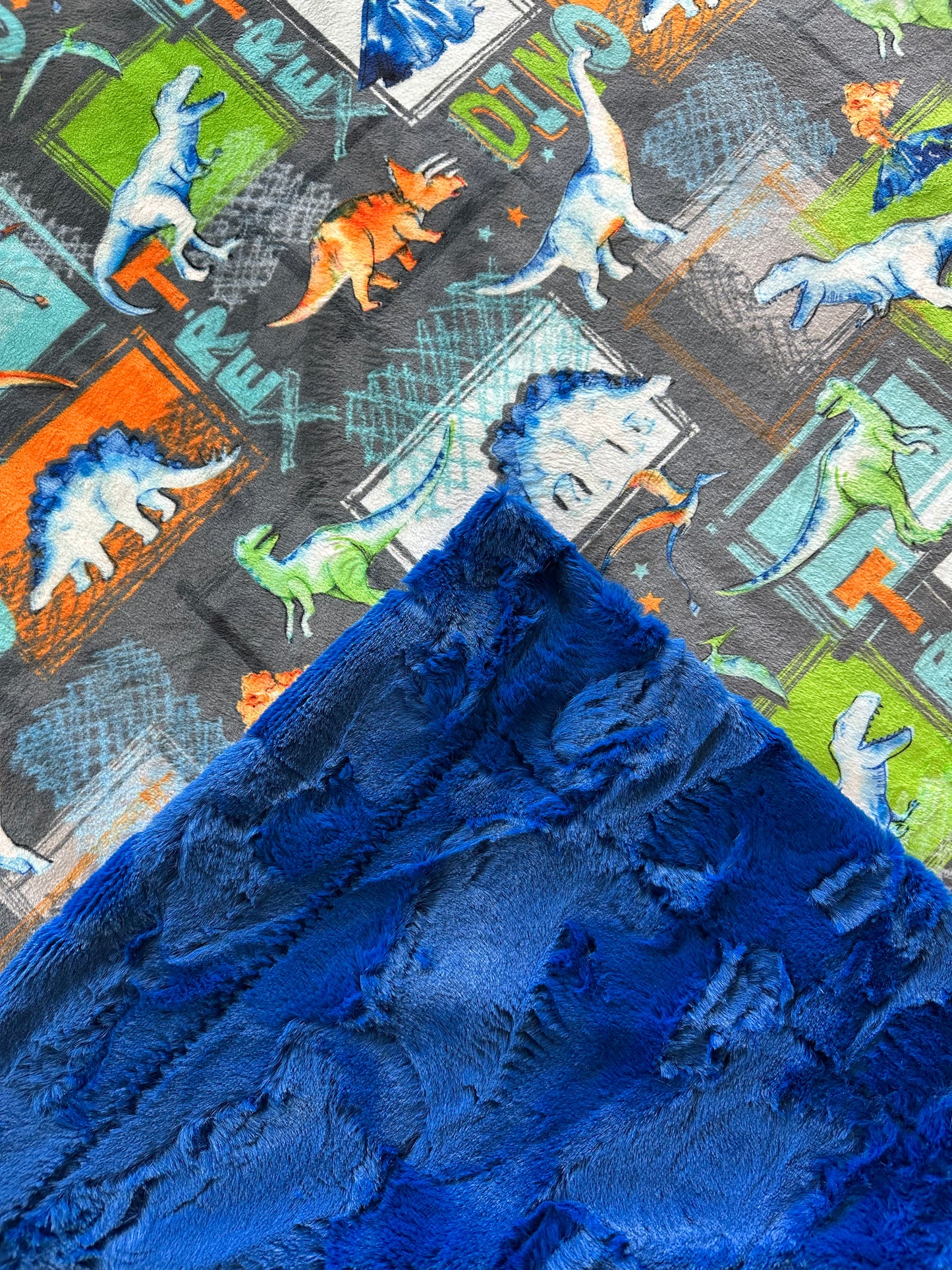 T-Rex Graphite on Royal Blue Hide Toddler Blanket 45x55 (get a pillocase to match for $26)