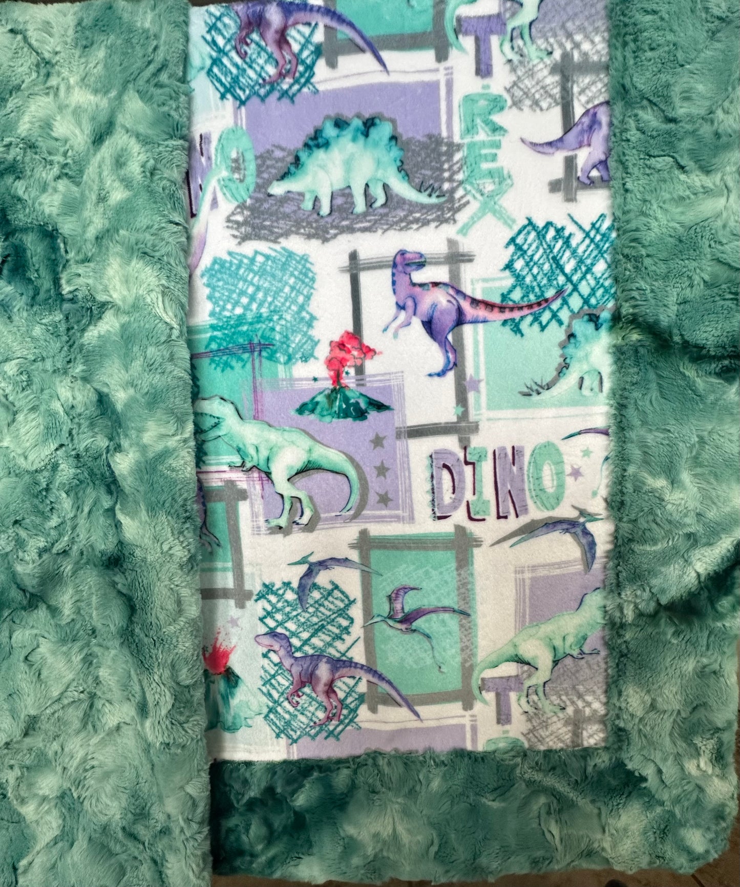 T-Rex Bellflower on Spearmint Galaxy Minky Toddler Blanket - 44x54 with 12x20 Pillowcase