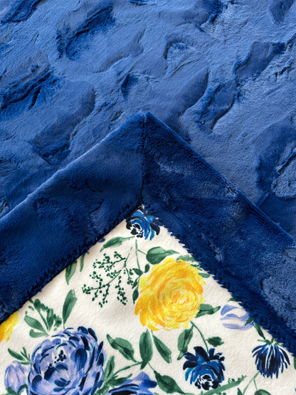 Floral Blue and Yellow Rose on Marble Midnight X-WIDE Large Adult Blanket - Floral Design - 53x77