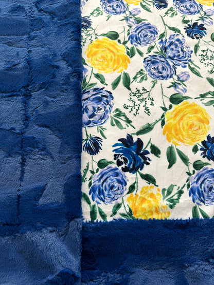 Floral Blue and Yellow Rose on Marble Midnight X-WIDE Large Adult Blanket - Soft and Cozy Texture - 53x77