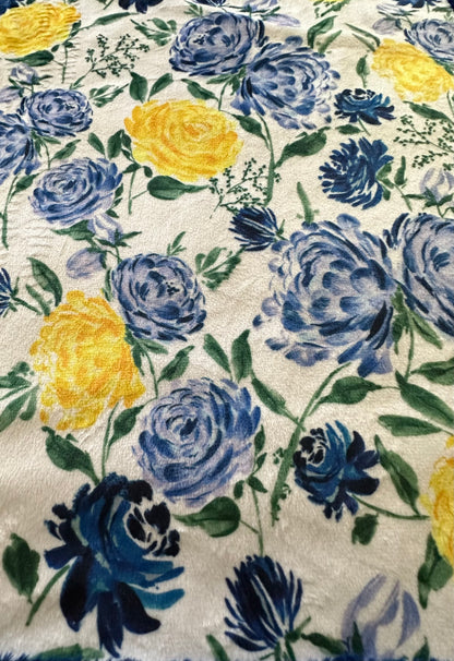 Floral Blue and Yellow Rose on Marble Midnight X-WIDE Large Adult Blanket - Luxurious Comfort - 53x77