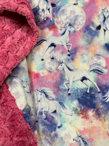 Unicorn Skies on Paloma Magenta Toddler Blanket 45x55 (get a pillowcase to match for $26))