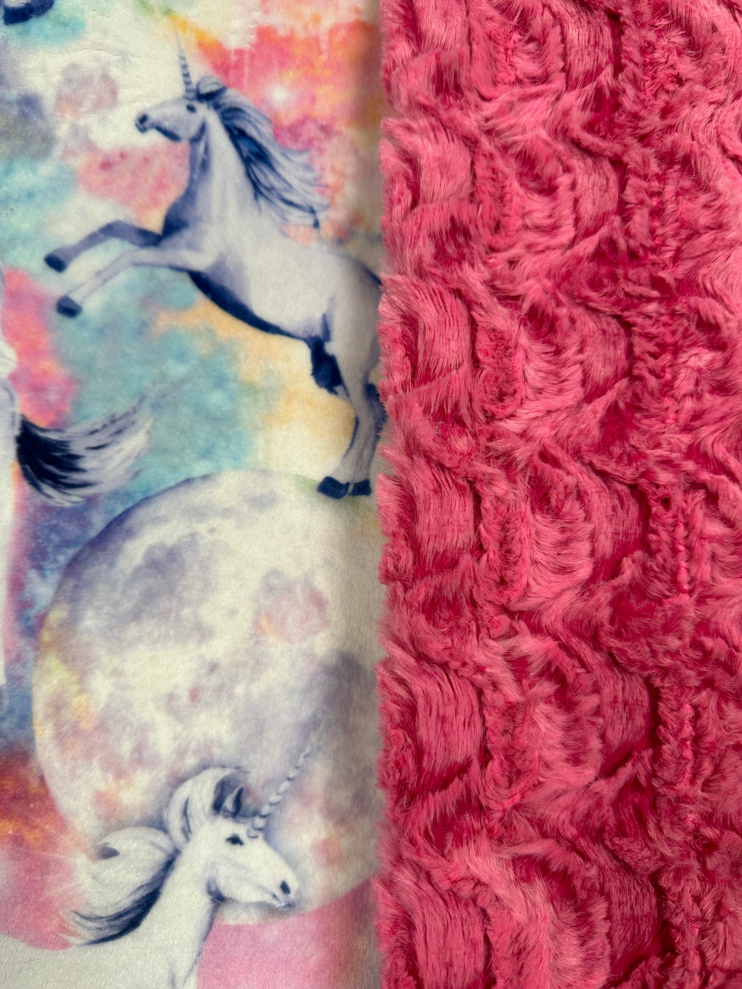 Unicorn Skies on Paloma Magenta Toddler Blanket 45x55 (get a pillowcase to match for $26))