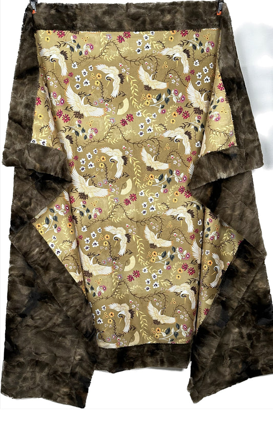 Cranes on Gold and Purple Flowers, Brown Rabbit Tie-Dye Adult Size Blanket 54x76 Spoonflower Quality