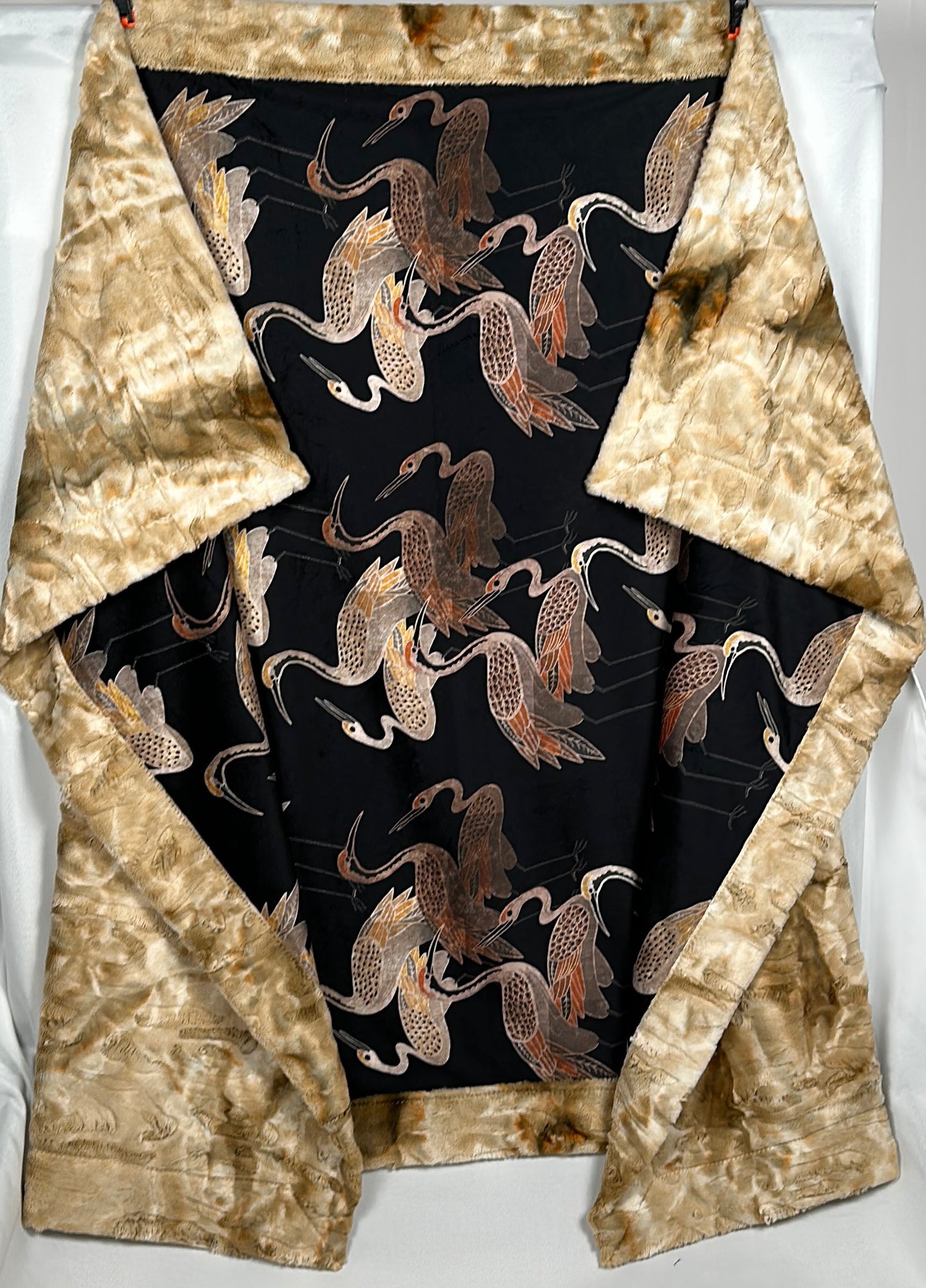Cranes Onyx on Tie-Dye Rabbit Beige 55x77 Large Blanket Spoonflower Quality