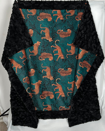 Leopard Exotic Jungle Teal on Black Tuscany 55x77 Large Blanket Spoonflower Quality