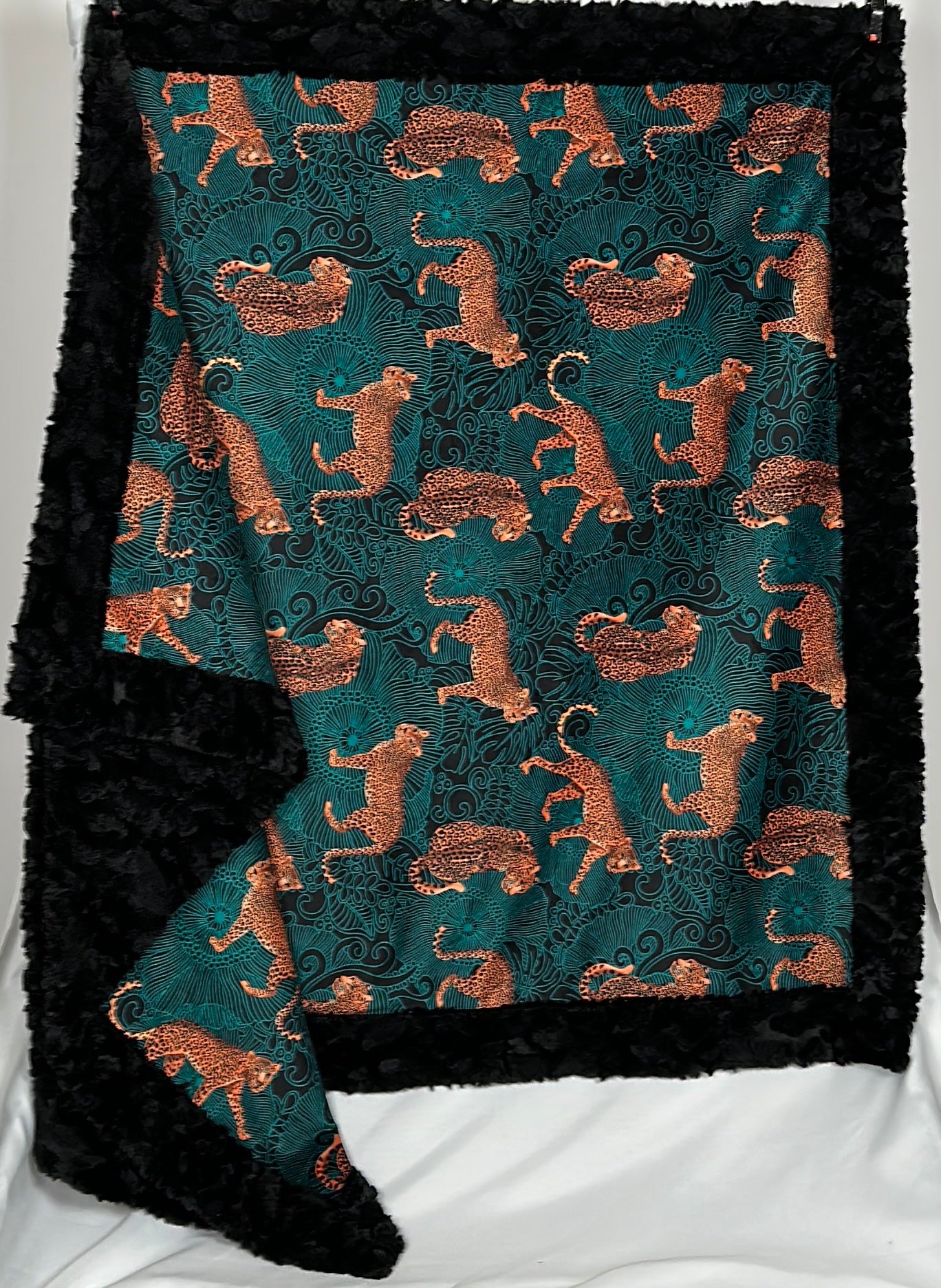 Leopard Exotic Jungle Teal on Black Tuscany 55x77 Large Blanket Spoonflower Quality