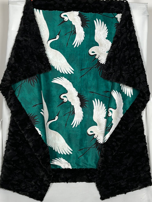 Cranes Emerald on Black Tuscany 55x77 Large Blanket Spoonflower Quality