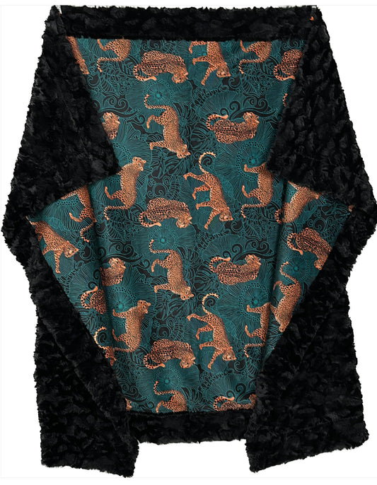Leopard Exotic Jungle Teal on Black Tuscany 55x77 Large Blanket Spoonflower Quality