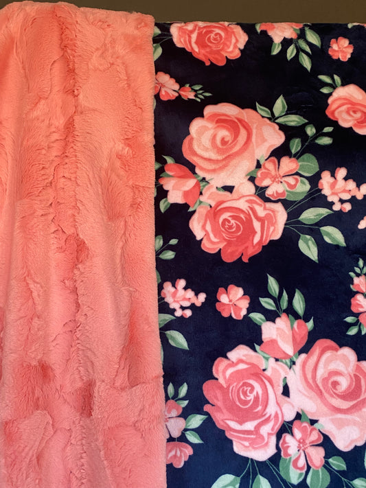 Rose Bouquet Navy on Hide Bubblegum Adult Regular Minky Blanket 55x75