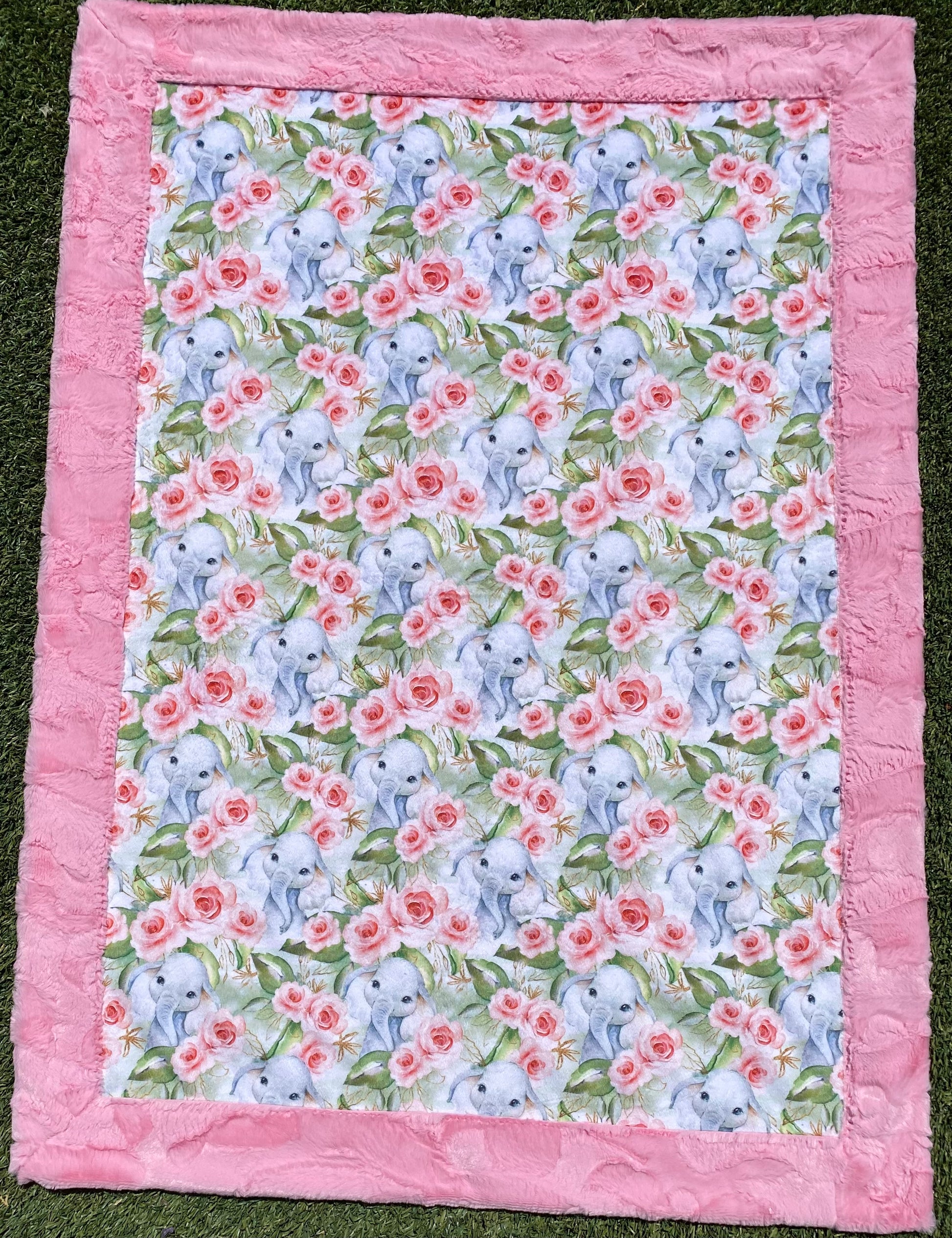 Elephant Floral on Hide Bubblegum Minky Baby Blanket - Soft and Cozy Texture - 33x45