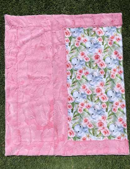 Elephant Floral on Hide Bubblegum Minky Baby Blanket - Playful Elephant Design - 33x45