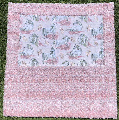 White Horse on Paloma Rosewater Pink Baby Minky Blanket 30x45