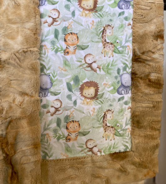 Safari Lion, Giraffe, Monkey on Tie-Dye Rabbit Beige Minky Baby Blanket - 30x45