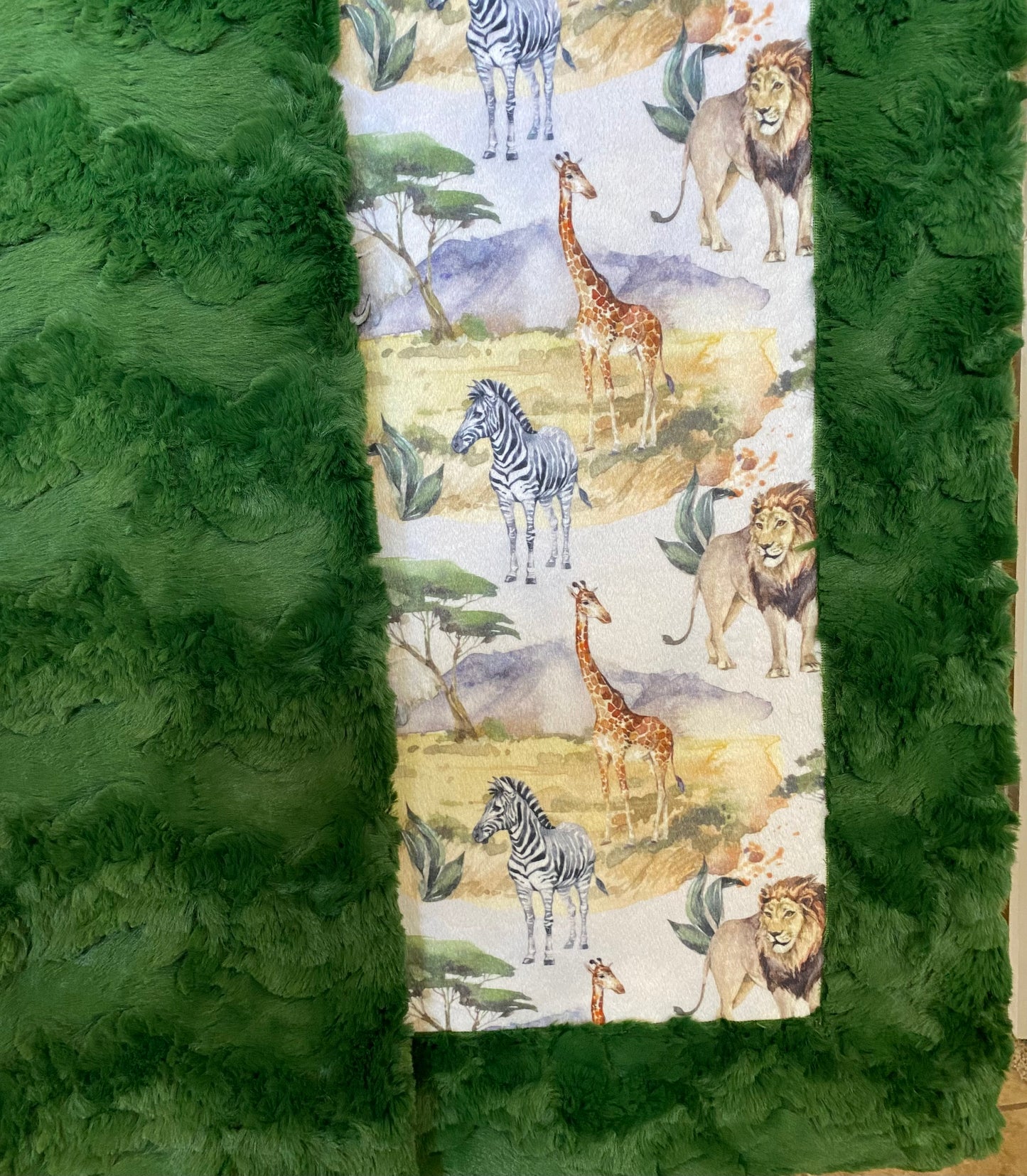 Lion, Giraffe, Elephant, Zebra on Evergreen Luxe Minky Baby Blanket - 30x45