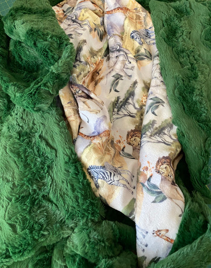 Lion, Giraffe, Elephant, Zebra on Evergreen Luxe Minky Baby Blanket - 30x45