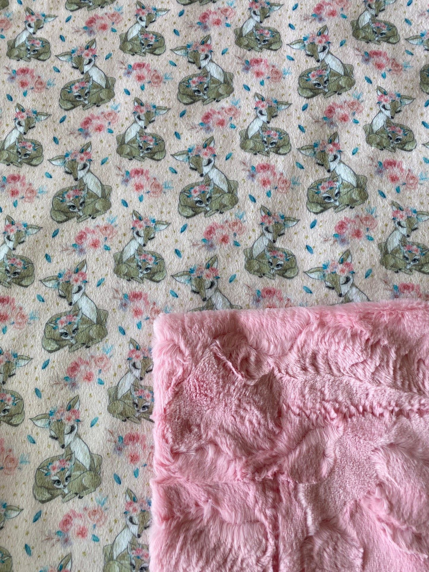 Rose Flower Fawn on Bubblegum Luxe Hide Large Baby Minky Blanket - 30x58