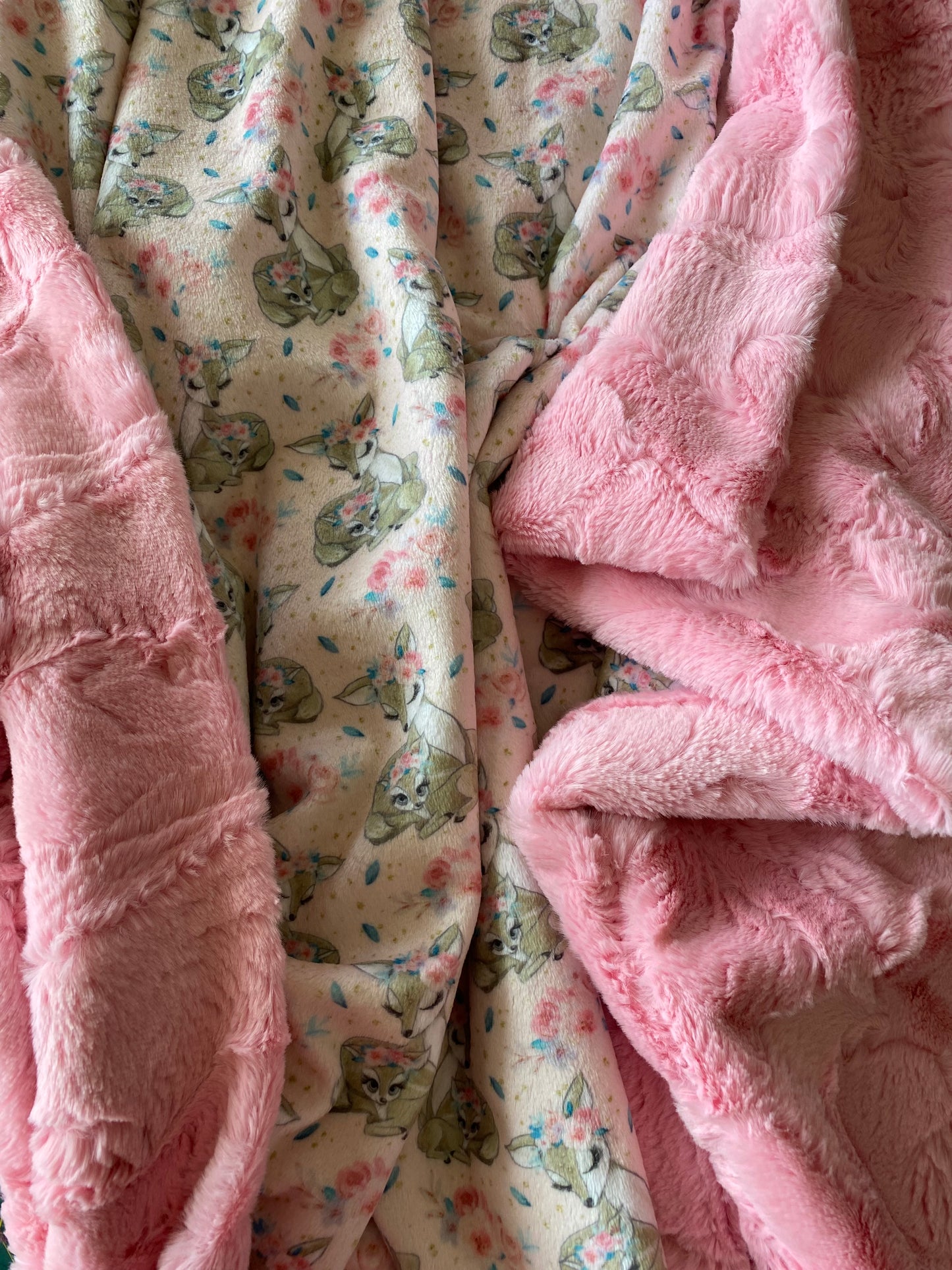 Rose Flower Fawn on Bubblegum Luxe Hide Large Baby Minky Blanket - 30x58