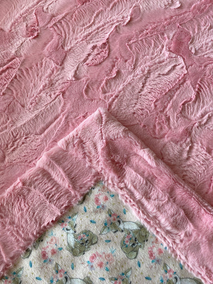 Rose Flower Fawn on Bubblegum Luxe Hide Toddler large Minky Blanket 47x64