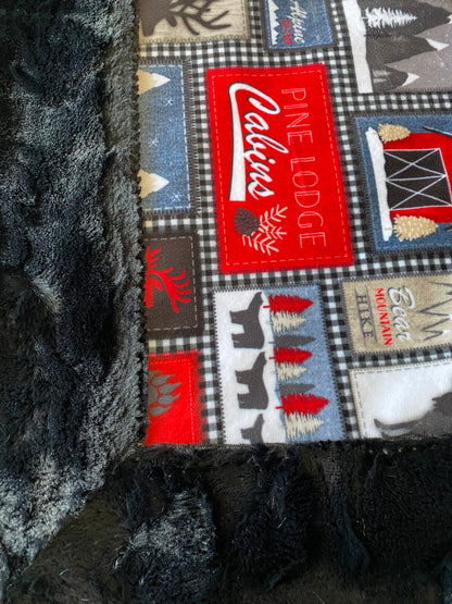 Lodge Patches Jeans on Black Mirage Minky Blanket X-Wide Large - 68x77
