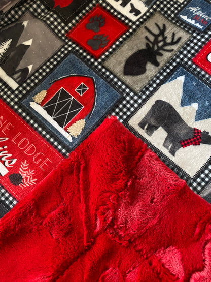 Lodge Patches Jeans on Red Luxe Hide X-Wide Minky Blanket - Large 67x72