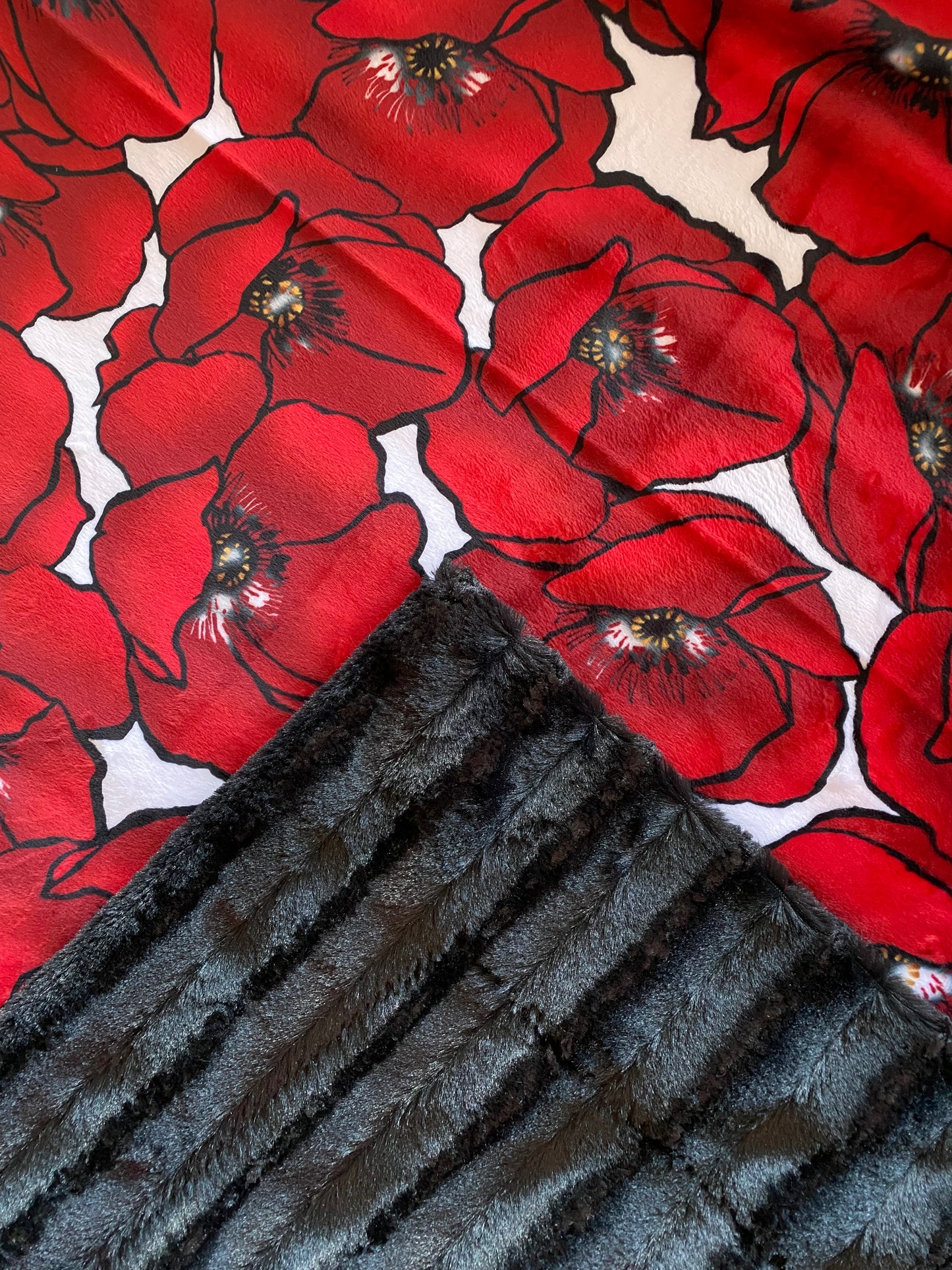 Scarlet Poppies on Black Chinchilla Minky Blanket/Throw 53x58