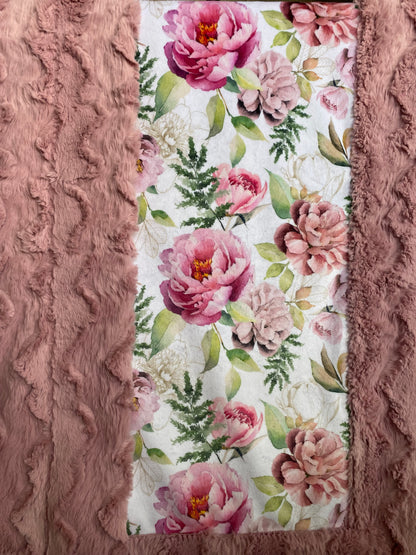 Pink Floral on Glacier Woodrose Minky Blanket - Large Throw 55x66