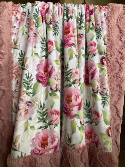 Pink Floral on Glacier Woodrose Minky Blanket - Large Throw 55x66