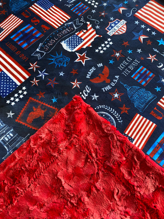 Americana on Alex Cardinal Minky Blanket - Patriotic Design - 53x63