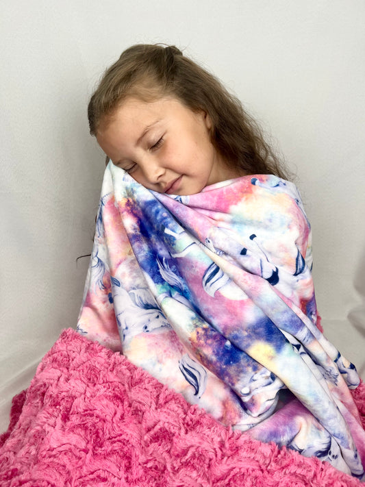 Unicorn Skies on Paloma Magenta Toddler Blanket 45x55 (get a pillowcase to match for $26))