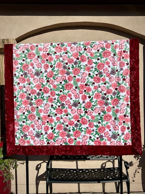 Coral Floral on Luxe Marble Merlot Minky Blanket - Soft and Cozy Texture - 54x80