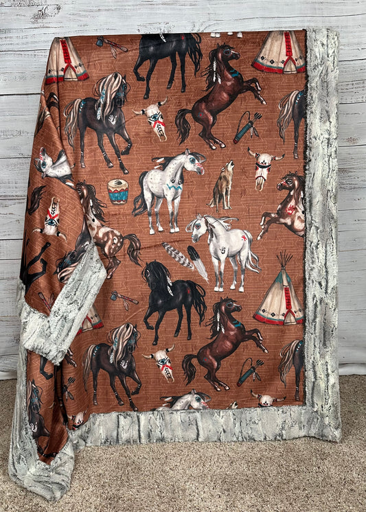 Native American Horses on Luxe Silver Fox Large 54x79 Minky Blanket (Brown) Spoonflower Quality