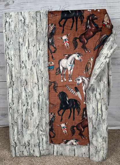 Native American Horses on Luxe Silver Fox Large 54x79 Minky Blanket (Brown) Spoonflower Quality