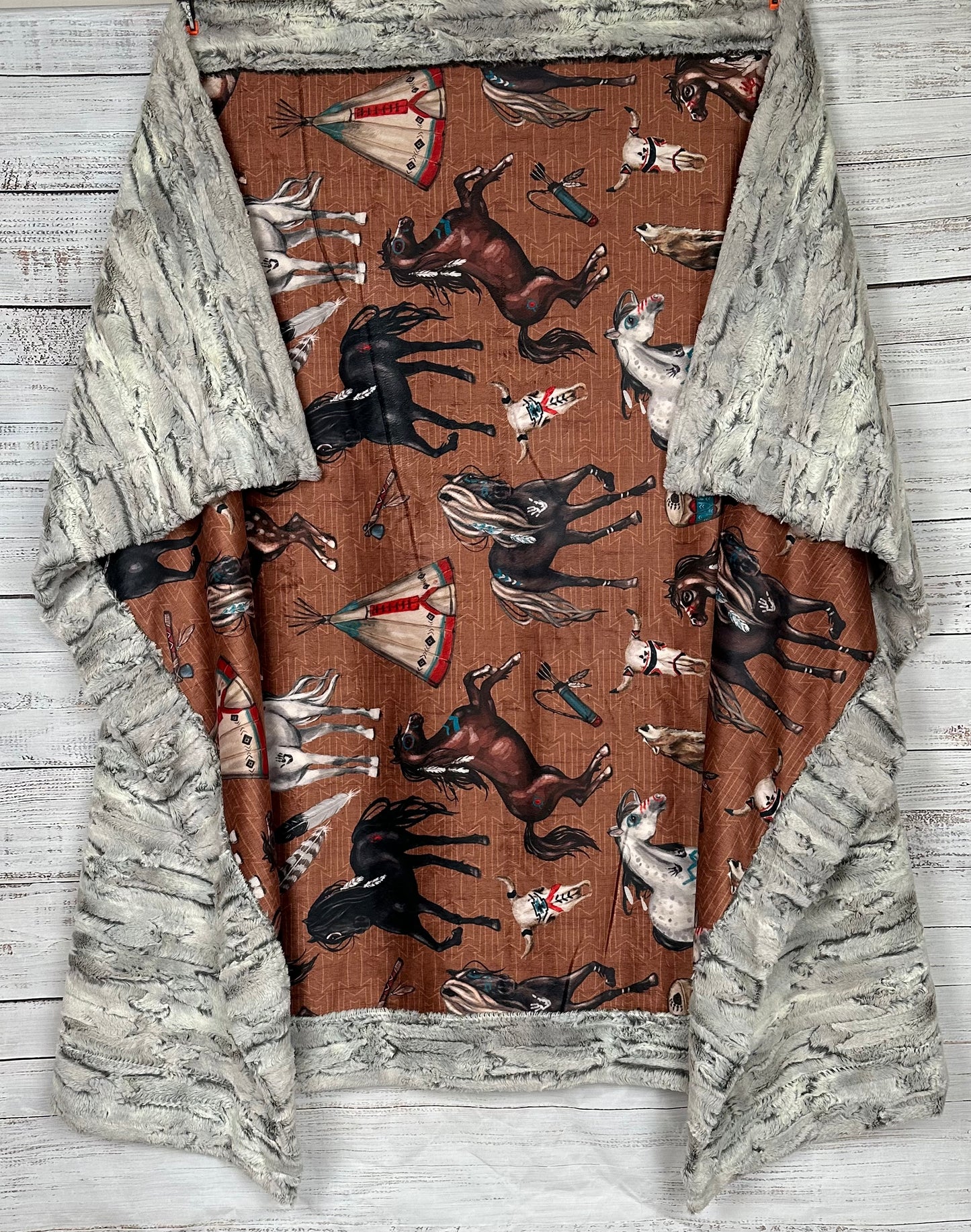 Native American Horses on Luxe Silver Fox Large 54x79 Minky Blanket (Brown) Spoonflower Quality