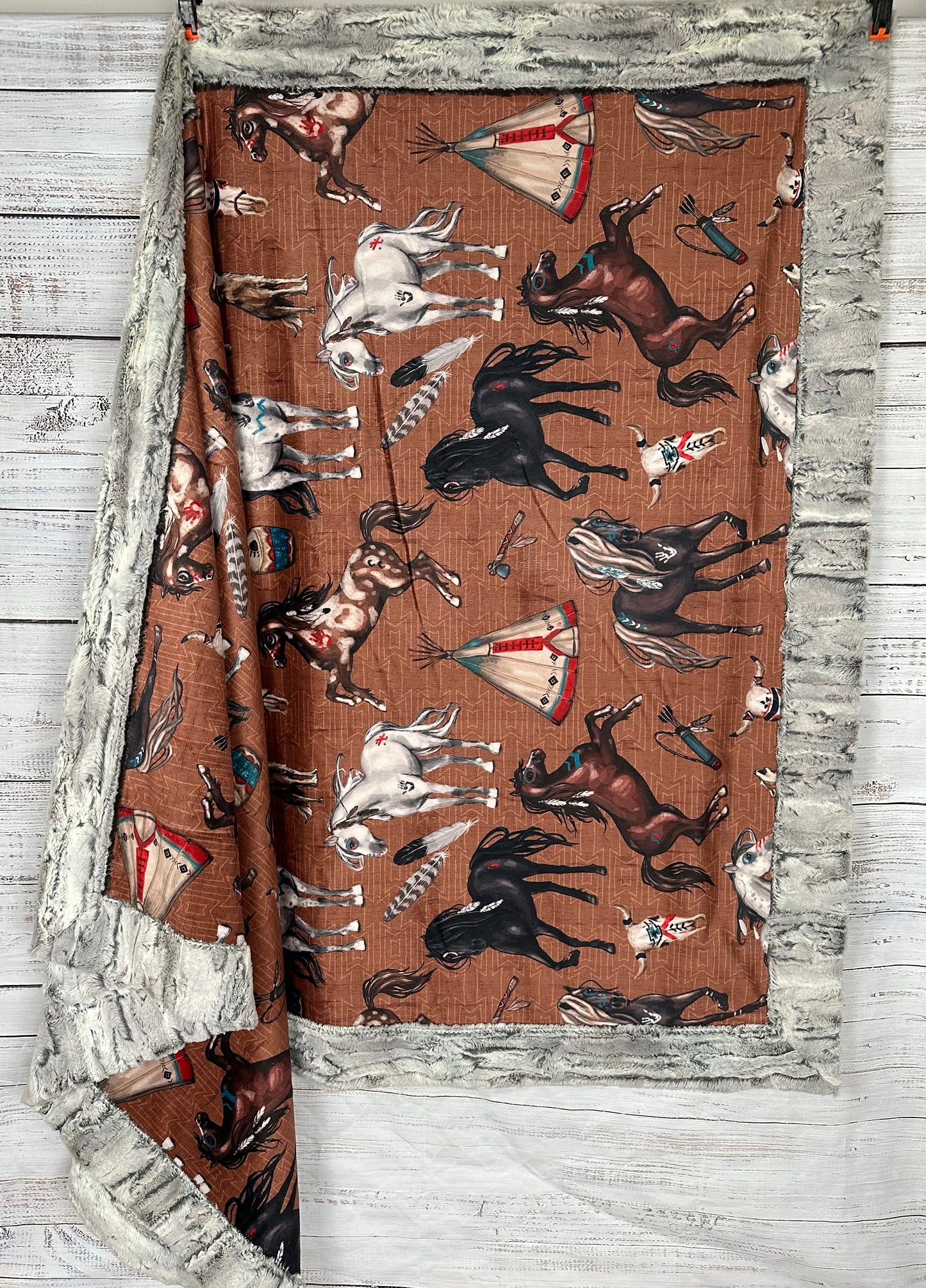 Native American Horses on Luxe Silver Fox Large 54x79 Minky Blanket (Brown) Spoonflower Quality