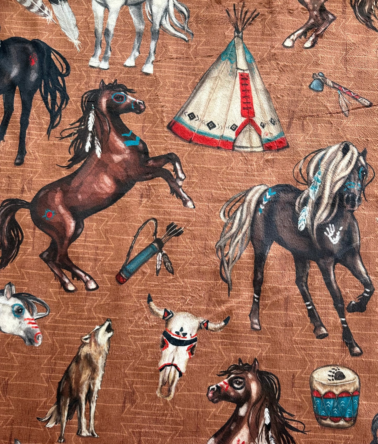 Native American Horses on Luxe Silver Fox Large 54x79 Minky Blanket (Brown) Spoonflower Quality