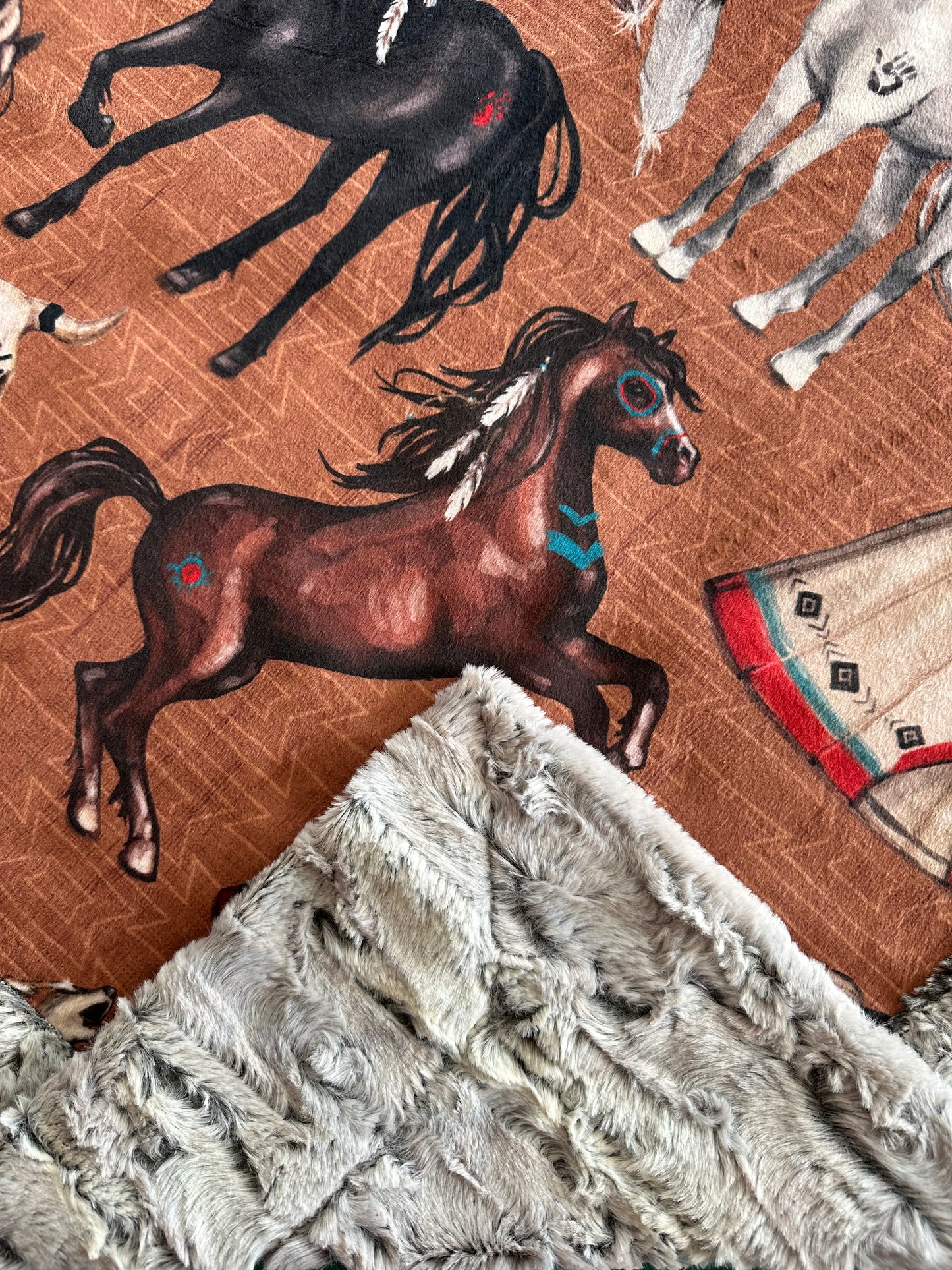 Native American Horses on Luxe Silver Fox Large 54x79 Minky Blanket (Brown) Spoonflower Quality