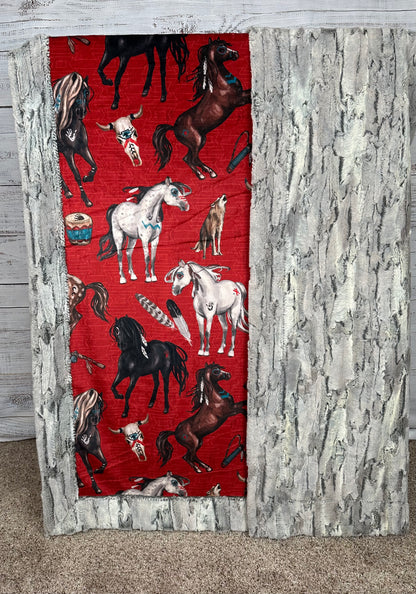 Native American Horses on Silver fox Luxe 54x79 Large Minky Blanket (Red) Spoonflower Quality
