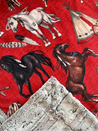 Native American Horses on Silver fox Luxe 54x79 Large Minky Blanket (Red) Spoonflower Quality