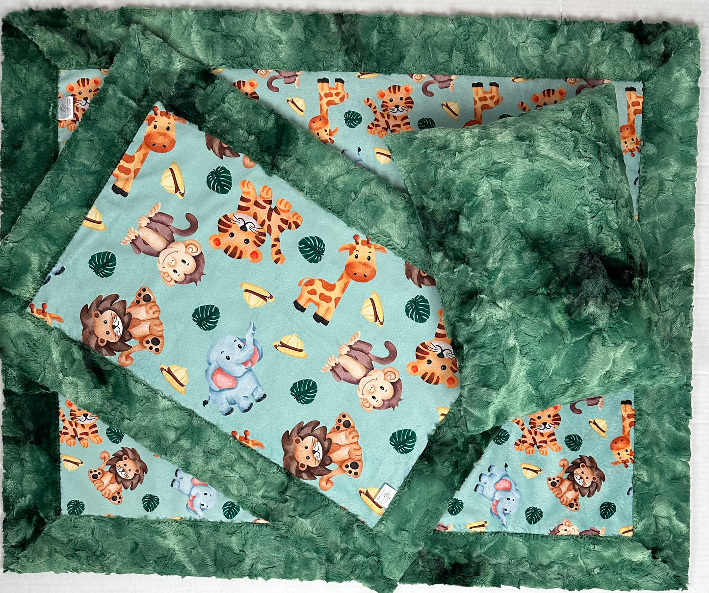 Safari Baby Animals on Evergreen Luxe Baby Blanket Set. 34x44 Baby Blanket, 17x26 Lovey, 13x17 Pillowcase