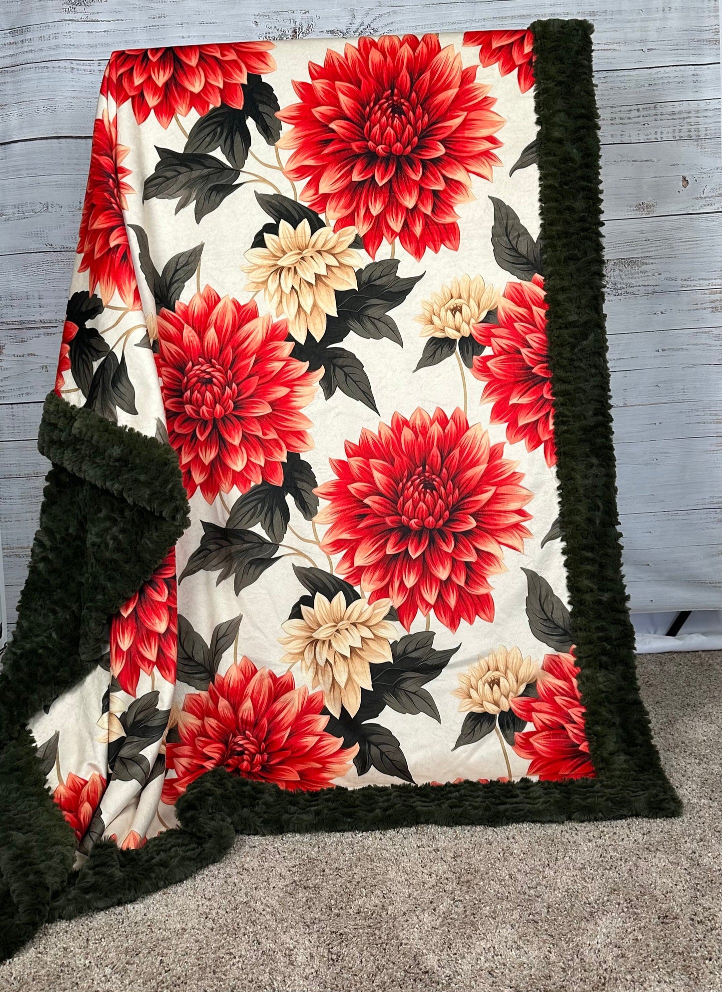 Dahlias on Loden Luxe Large 55x79 Minky Blanket Spoonflower Quality