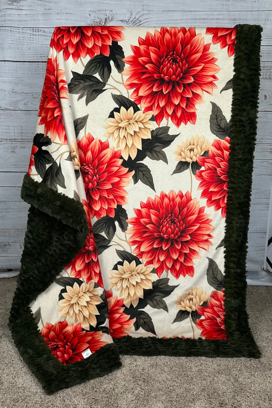 Dahlias on Loden Luxe Large 55x79 Minky Blanket Spoonflower Quality