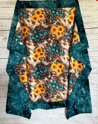 Turquoise Cross and Sunflowers on Mallard Luxe 55x80 Large Minky Blanket